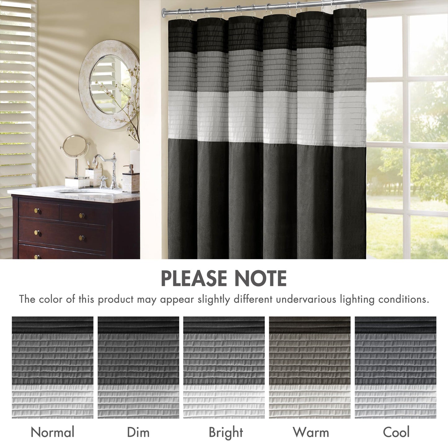 Madison Park Amherst Bathroom Shower Curtain Faux Silk Pieced Striped Modern Microfiber Bath Curtains, 72x72 Inches, Black