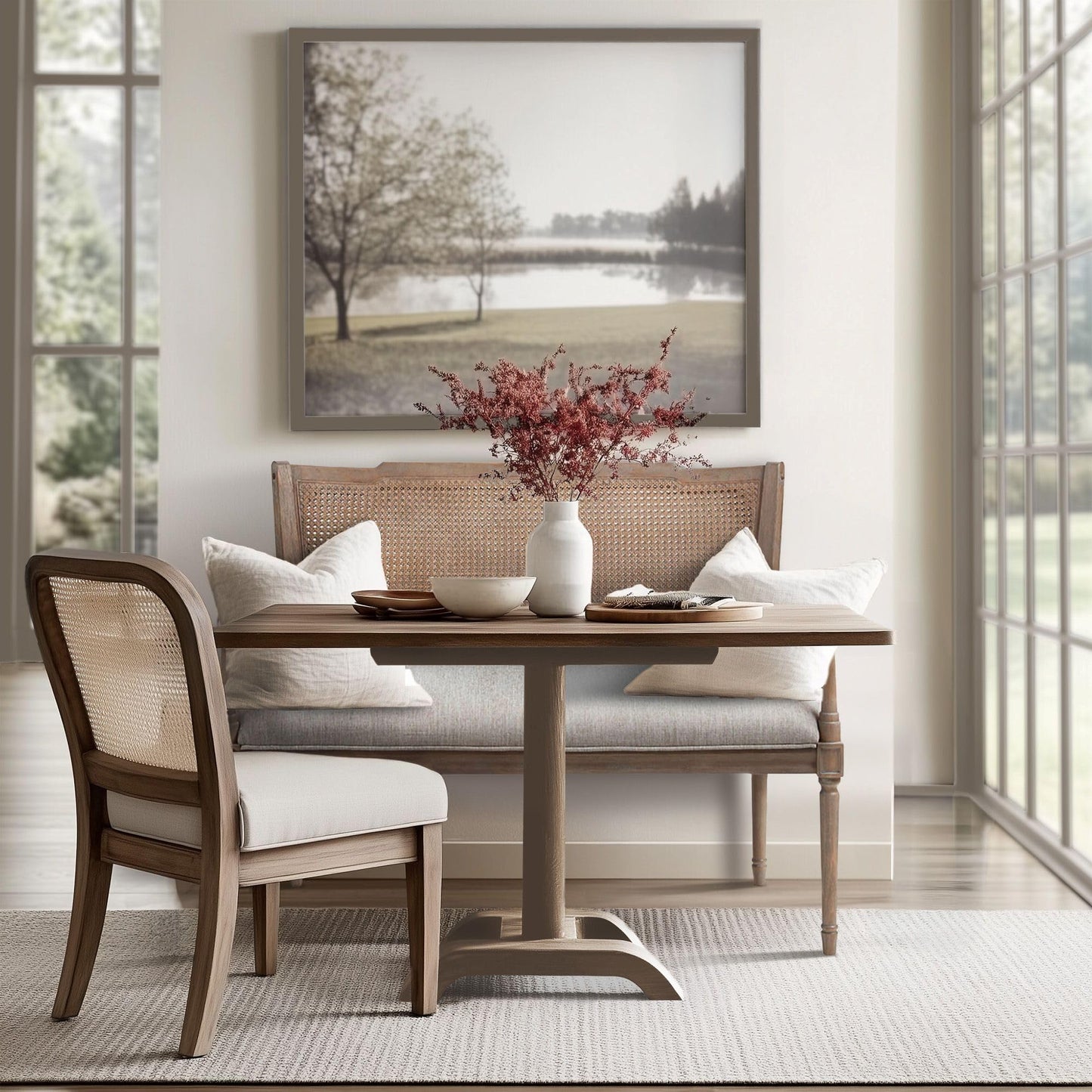 Madison Park Willshire Natural Rattan Settee, Upholstered Seat - Charming Country Design, Rustic Reclaimed Wood Finish, Ratan Insert Backrest & Padded Arm Rest, 47.25" Wide Beige/Reclaimed Natural