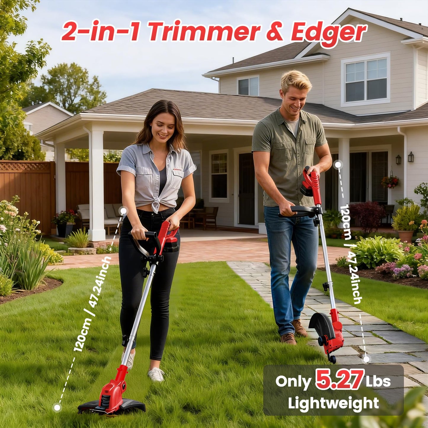 21V Weed Wacker Cordless String Trimmer with 2x4.0Ah Batteries & Fast Charger, 12" Automatic Feed Grass Trimmer, 2-in-1 Electric Weed Eater for Garden Edge Lawn Tool