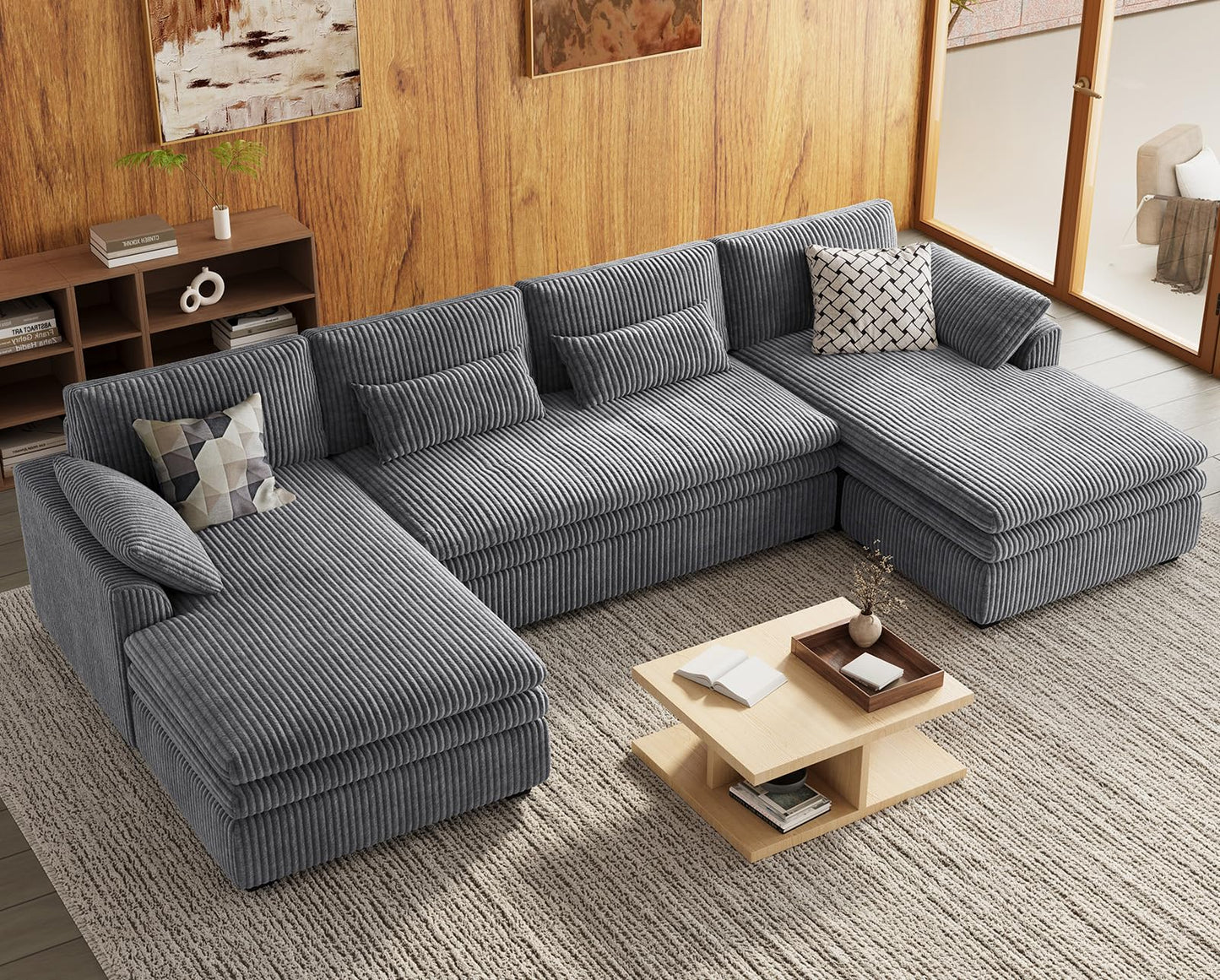 Belffin Large Modular Sectional Sofa with Double Deep Chaise, 135" Corduroy U Shaped Sectional Couch with 9" Soft Dual-Layer 6 Seats U Shaped Couch for Living Room, Apartment, Light Grey