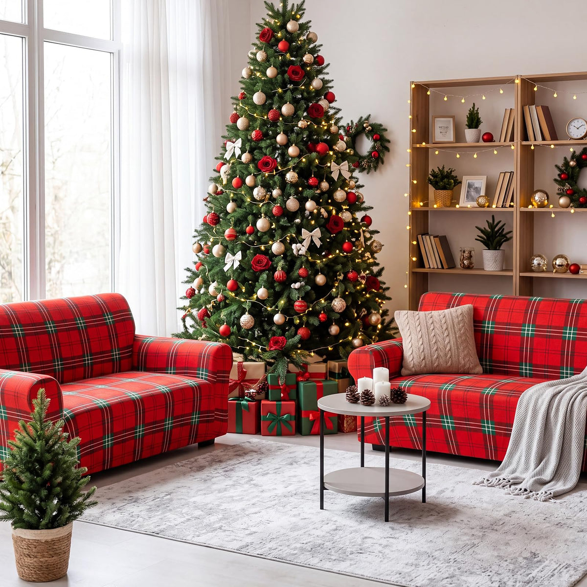 Peryiter 3 Pcs Milk Silk Spandex Couch Cover, Red Green Plaid