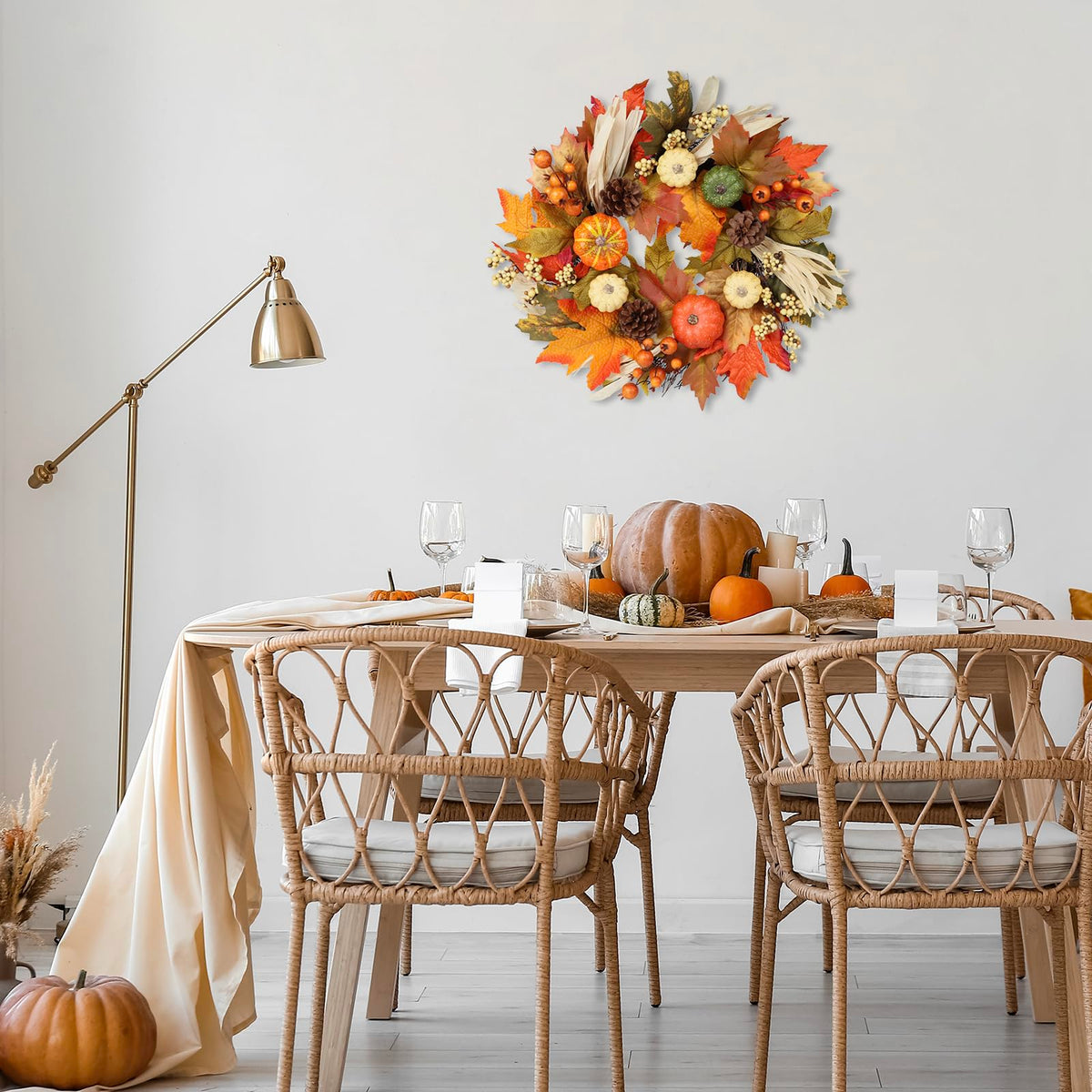 24 Inch Fall Wreaths for Front Door,Autumn Pumpkin Maple Wreath with Hanger