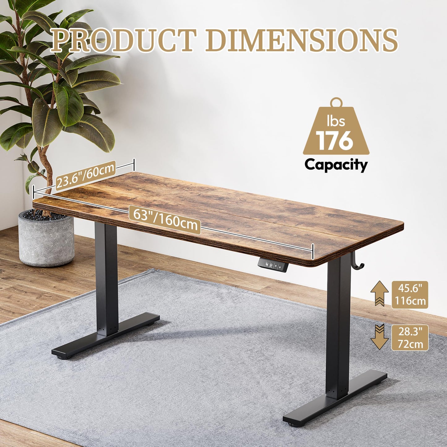 TIQLAB Electric Adjustable Sewing Table, 63"x24" Workbench Adjustable Height, Ergonomic Worktable for Garage, Craft Desk, Spacious Desk for Sewing and Crafts, 2 Piece Board, Rustic Brown