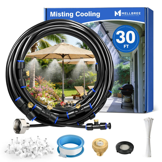 Mellbree Misters for Outside Patio 30FT/9M, Pre-Assembled Misting Cooling System with 8 Brass Nozzles & 3/4" Adapter, Outdoor Mister for Backyard, Garden, Greenhouse, Chicken Coop, Dog House