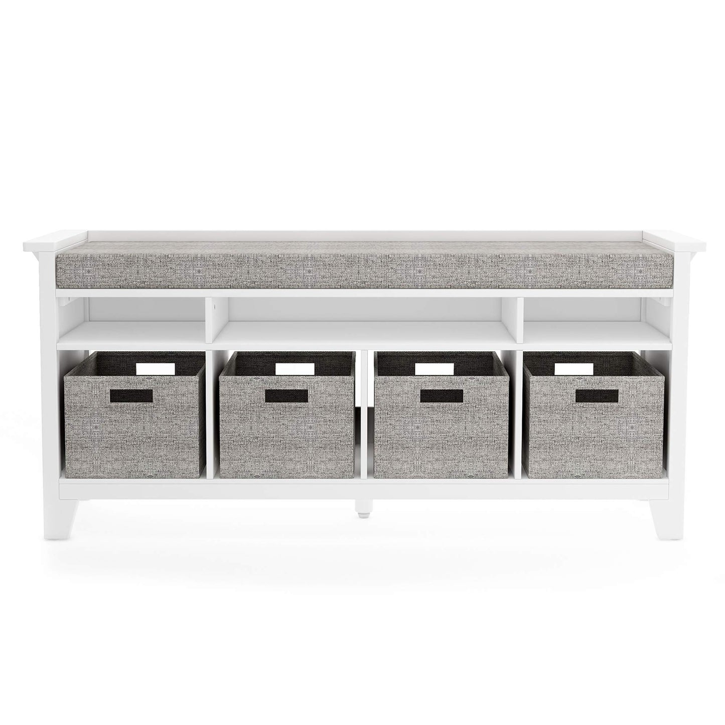 Martha Stewart Kids' Storage Bench - Linen White: Wooden Toy and Book Organizer with Shelves, Built-in Cushion and Fabric Bins for Playroom and Bedroom