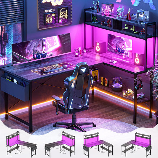 Aheaplus 59" L Shaped Desk Gaming Desk with LED Light & Power Outlet