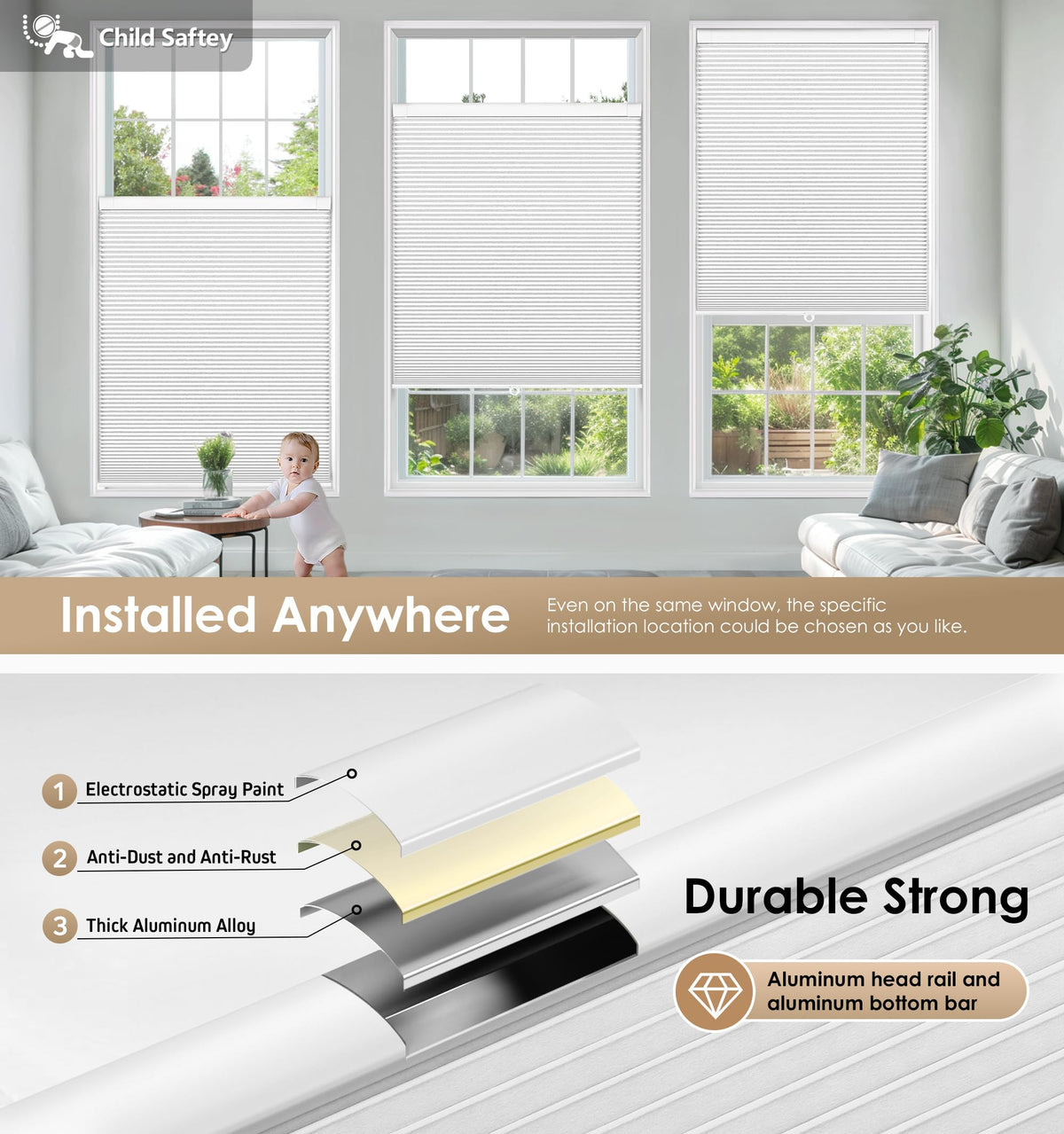 LazBlinds No Drill Cordless Cellular Shades, 22" W x 36" H, White