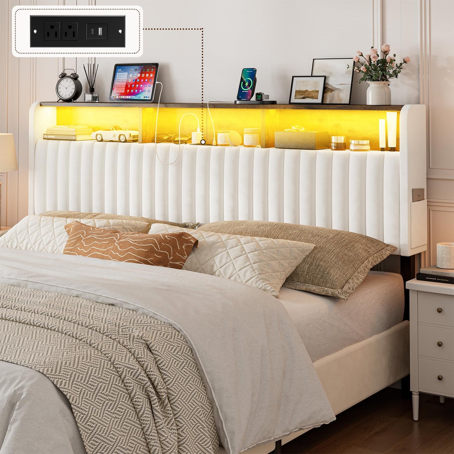 IKIFLY California King Size Storage Headboard Only, Adjustable Height, Velvet Upholstered Head Board with LED Lights & Charging Station, Easy Assembly, Modern Freestanding Headboard, White