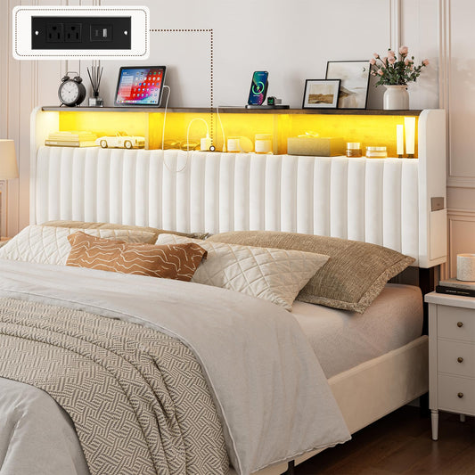 IKIFLY California King Size Storage Headboard Only, Adjustable Height, Velvet Upholstered Head Board with LED Lights & Charging Station, Easy Assembly, Modern Freestanding Headboard, White