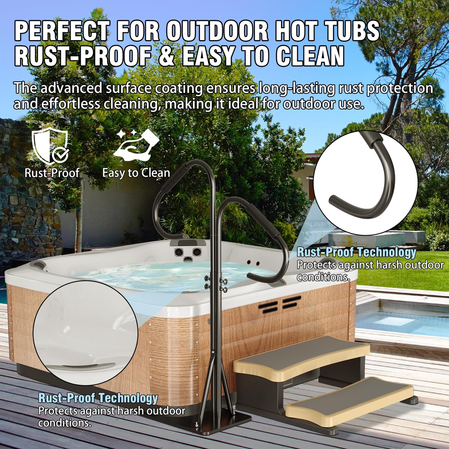 blissbuys Hot Tub Handrails 48-57 Inch Adjustable Two Way Hot Tub Handrail, 700LB Capacity 360° Swivel Assist Rail for Indoor Outdoor Spa Bathtub Entry and Exit, Black