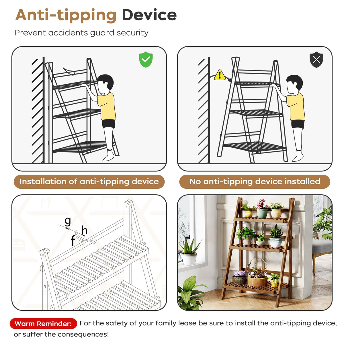 Ladder Shelf, Foldable Plant Shelf Stand, 3-Tier Bamboo Bookshelf, 39.4In