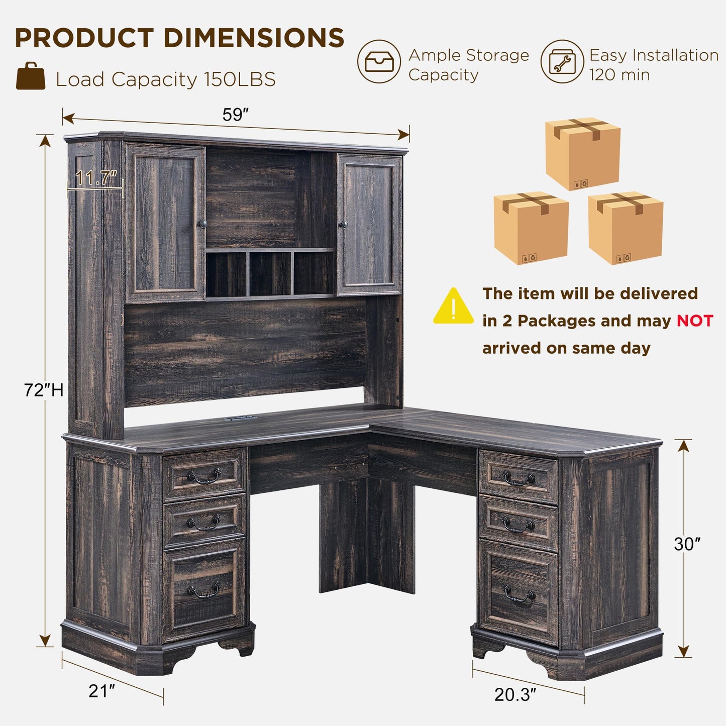 T4TREAM L Shaped Desk with Hutch,59" Farmhouse Wood Home Office Executive Desk,Charging Station,File Drawer, Storage Cabinet,Computer Desk for Work and Study (Dark Rustic Oak)