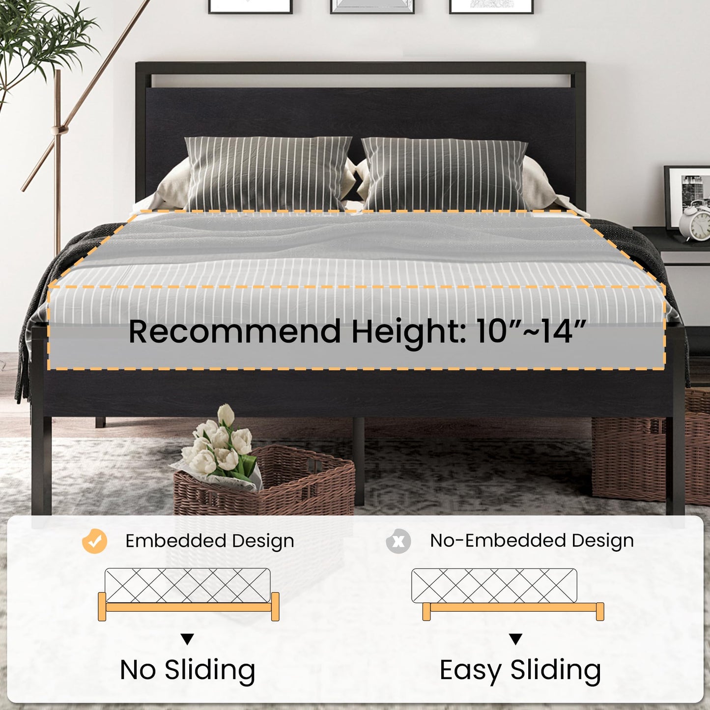 SHA CERLIN Full Size Bed Frame, Wooden Headboard and Footboard, Black Oak