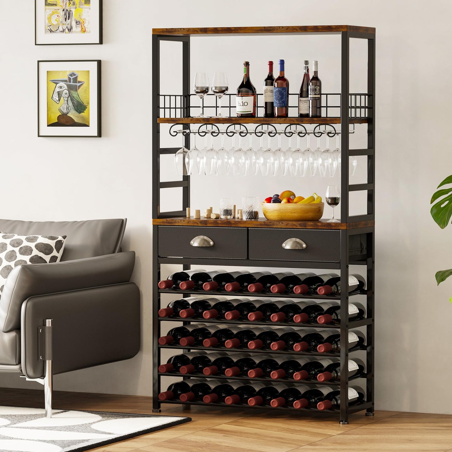 Homeiju Wine Cabinet with Storage, Wine Rack Freestanding Floor, 6-Tier with Tabletop, Drawer and Wine Storage for Home Bars