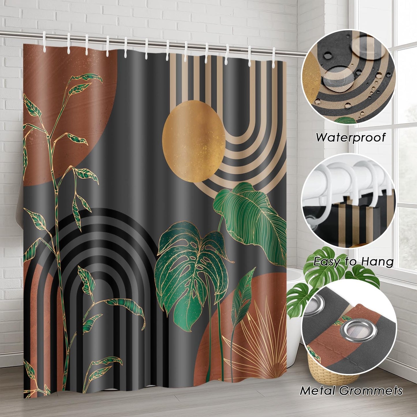 Tayney Bathroom Sets with Shower Curtain and Rugs, 4 Pcs, Boho Retro