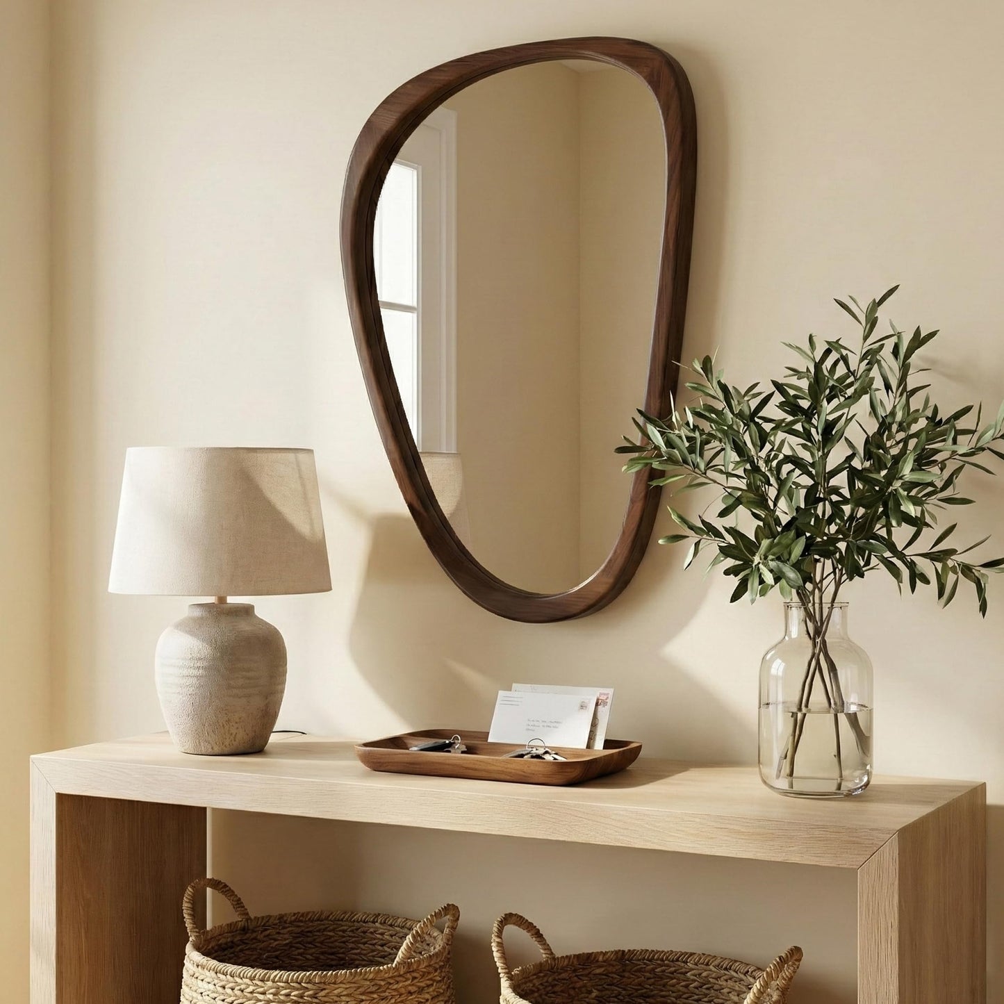 Pocetry Solid Wood 30"x20" Irregular Asymmetrical Wall Mirror, Japandi Boho Mid-Century Modern Decorative Accent Mirror, Small Organic Shaped Wooden Wall-Mounted Mirror, Dark Walnut