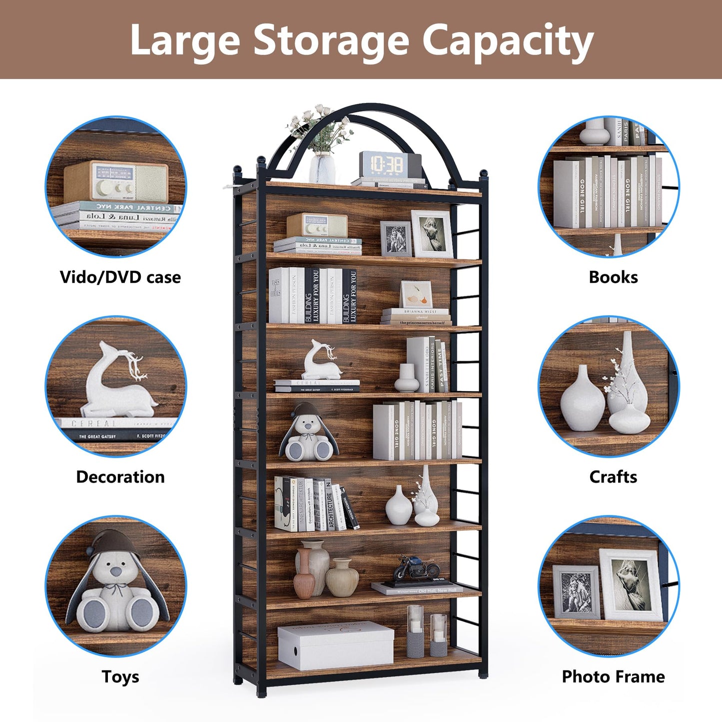 MUVJUG CD Storage Rack Holds 400+ CDs, 8-Tier CD DVD Storage Tower Organizer, Large Media Storage Shelf with Adjustable Feet for Living Room Bedroom Home Entertainment, Rustic Brown