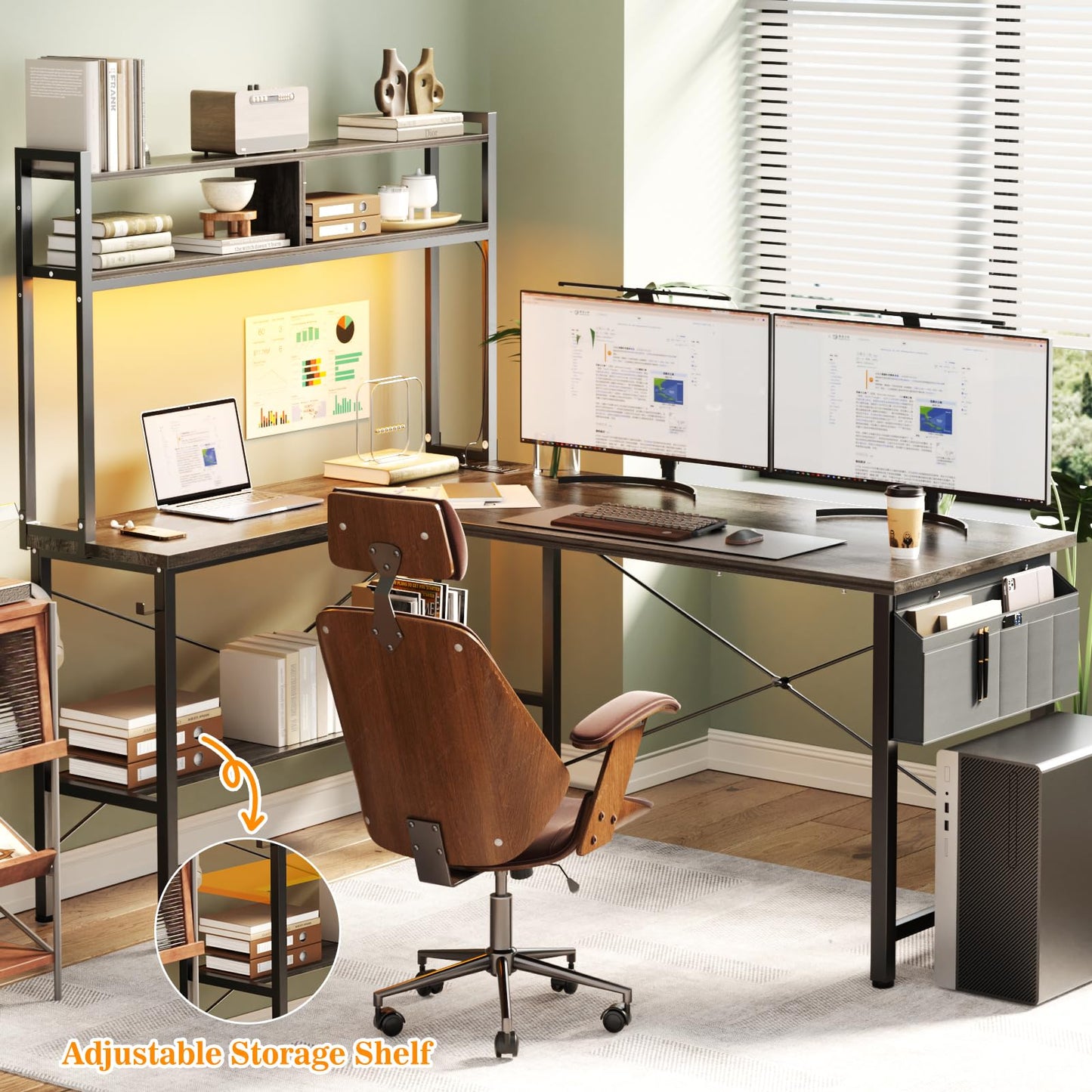 Aheaplus 59" L Shaped Desk Gaming Desk with LED Light & Power Outlet