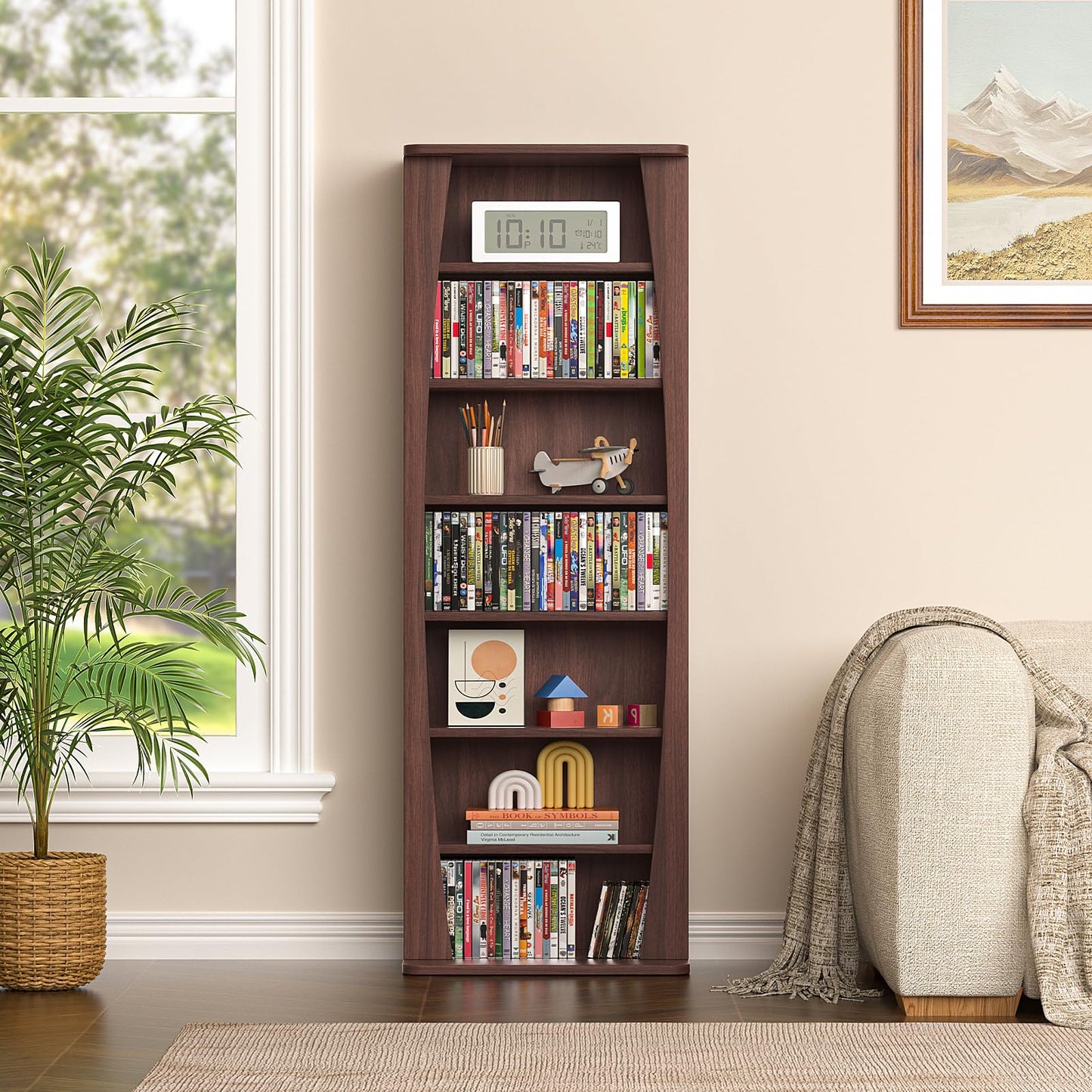 LELELINKY 7 Tier Arched DVD Shelf, DVD Rack with Adjustable Shelves, Walnut