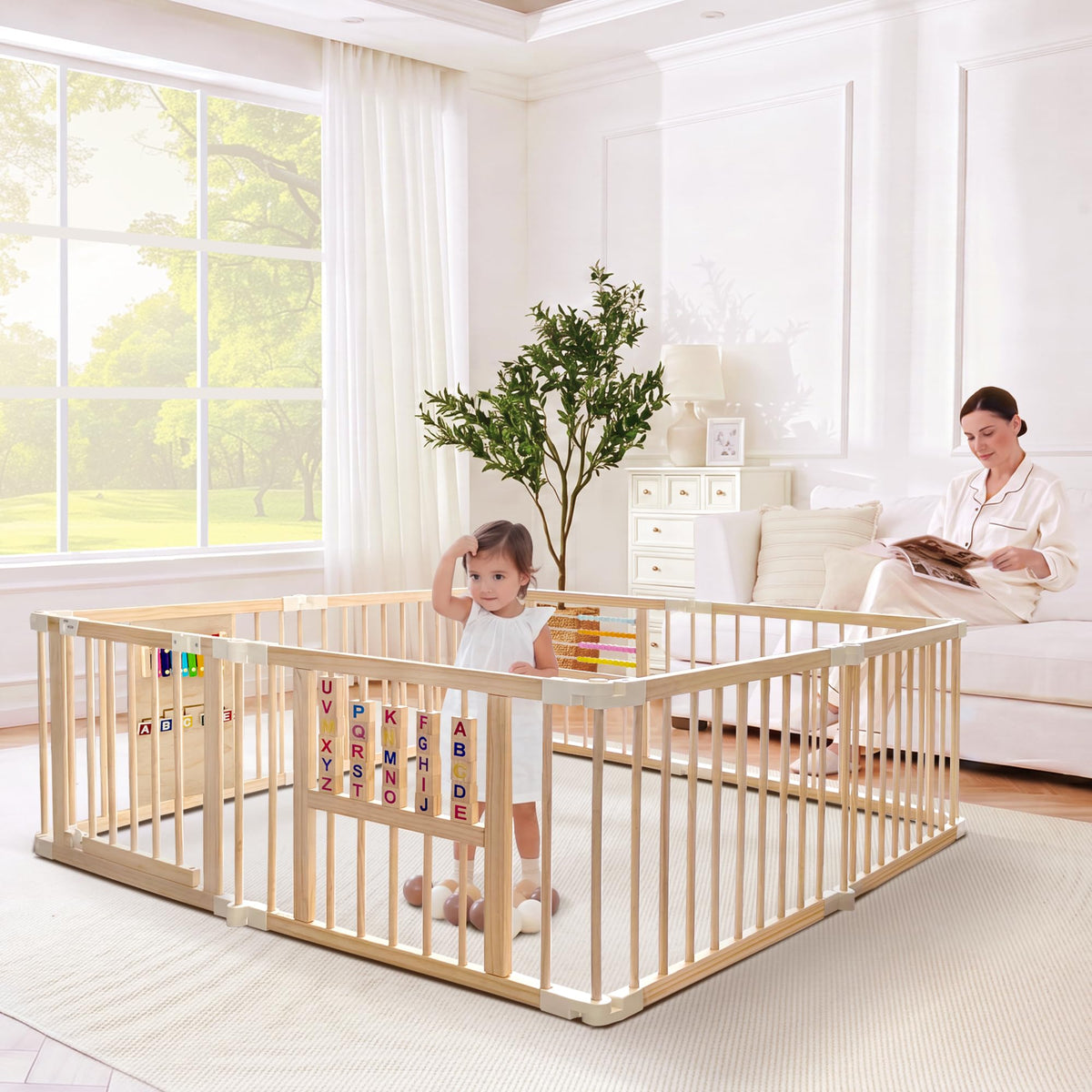 GGF Wooden Baby Playpen with 3 Montessori Toys, Foldable, 89 x 59 in