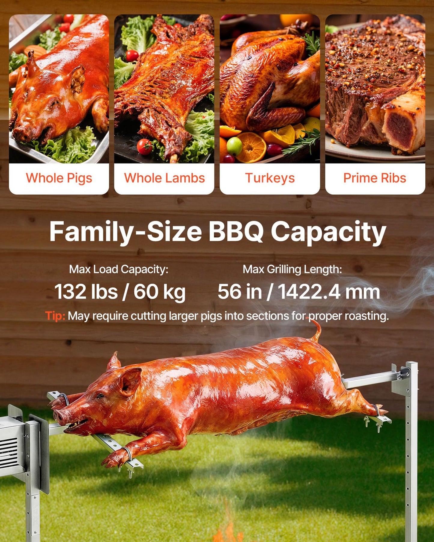 VEVOR Rotisserie Grill, 56in Electric Rotisserie Grill Kit 8 Level Height, BBQ Grills Rotisseries Kit with 132 lbs Load Capacity, Asador de Puerco, Stainless Steel Automatic Grilling Kits for Parties