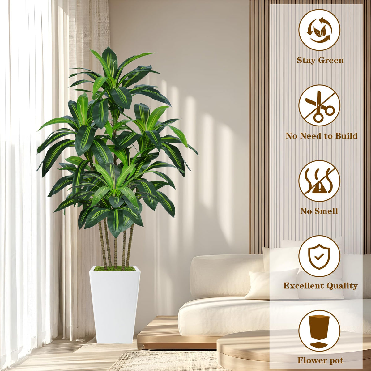 Flydeer 6FT Artificial Dracaena Tree with Tall White Planter, Floor Plant