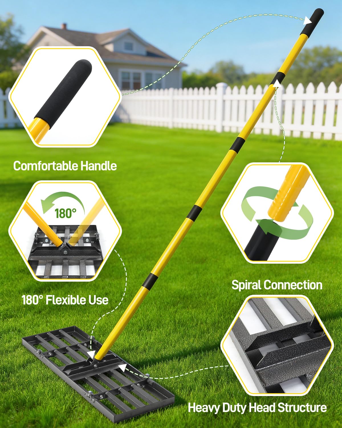 Joyhalo Lawn Leveling Rake, 36 Inch Yard Lawn Leveling for Soil with 78" Adjustable Steel Handle, Heavy Duty Effort Saving Landscape Lawn Leveler for Yard Garden Golf Course Soil Sand Dirt Grass