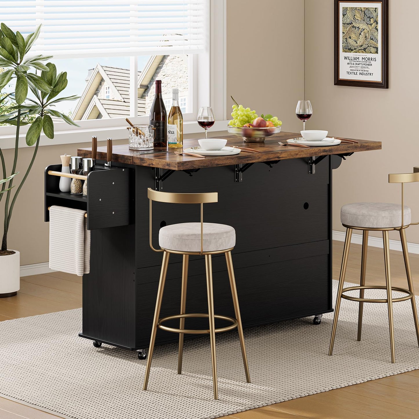 60" Kitchen Island with Power Outlet & Drop Leaf, Kitchen Rolling Island with Spice Rack & Towel Rack, Knife Holder, Kitchen Island Cart with Trash Storage Cabinet, Mobile Island Table for Kitchen