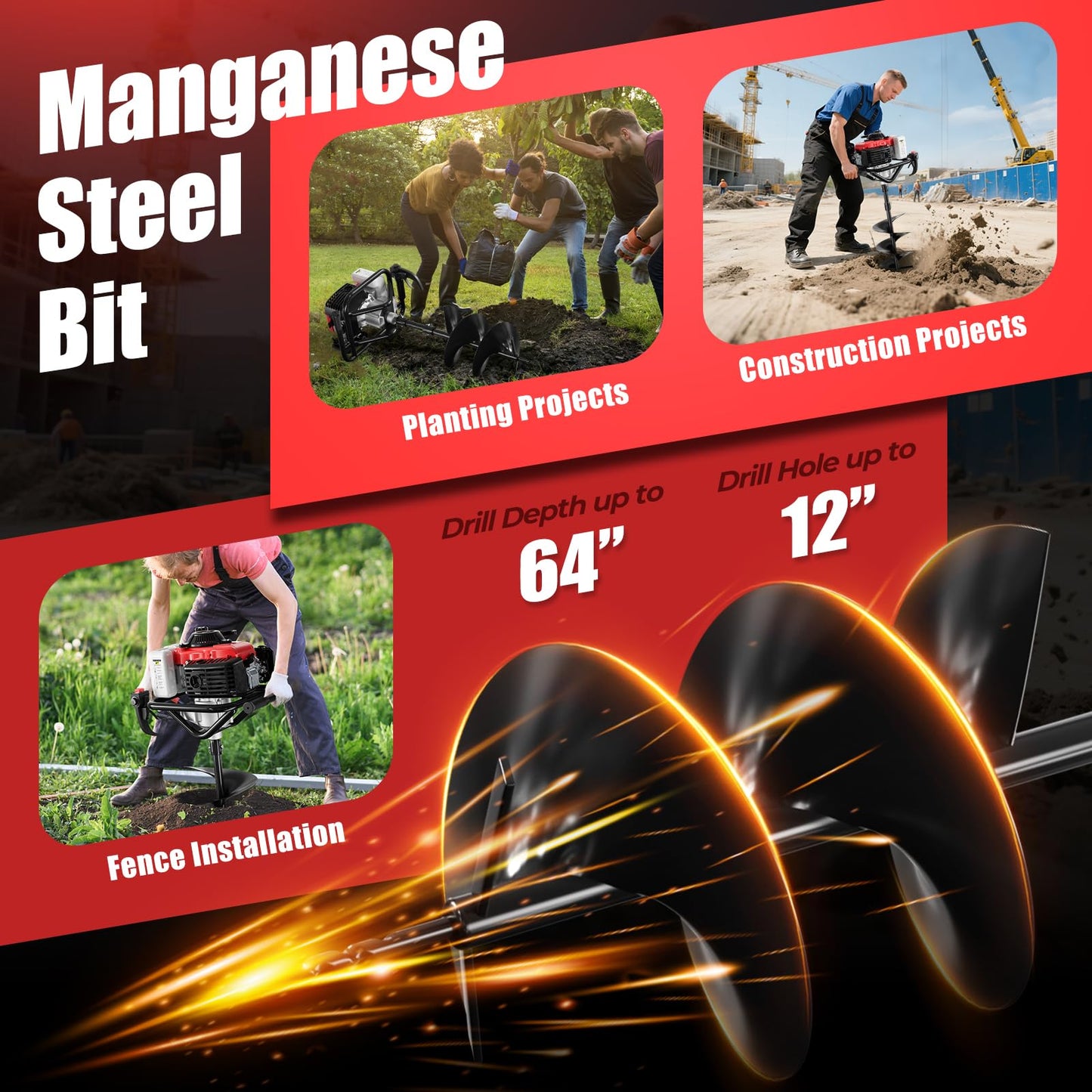 Baotree Post Hole Digger, 78cc Auger Post Hole Digger, 4-Stoke Gas Powered Earth Digger with 2 Auger Drill Bits(6" & 8") + 2 Extension Rods, for Farmland, Garden and Plant (78CC)