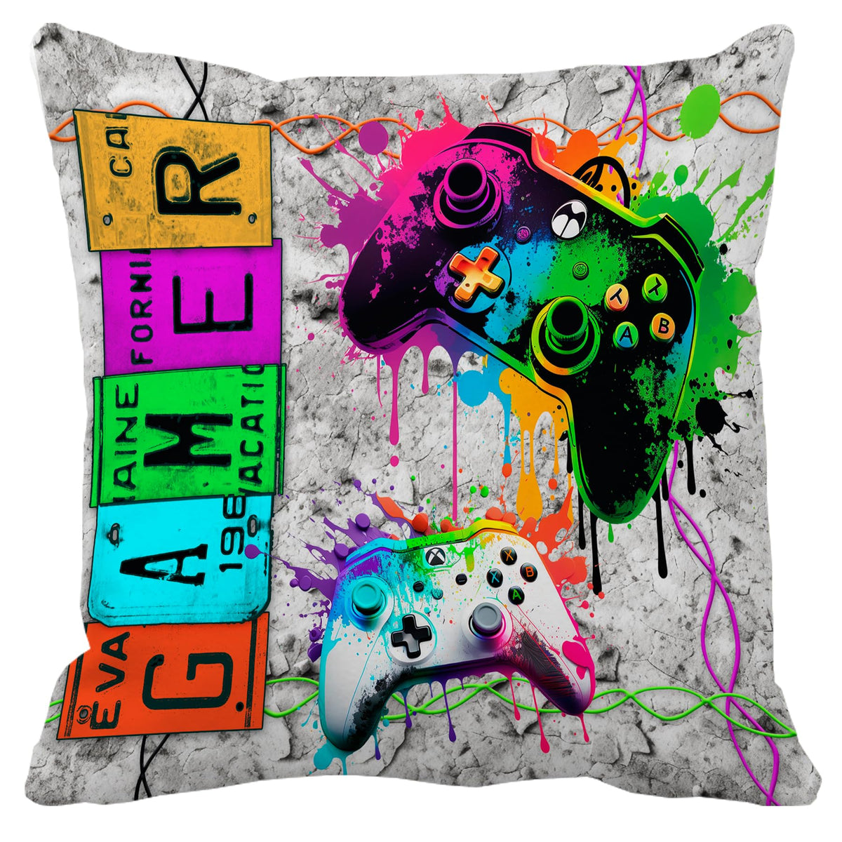 Leaveland Neon Video Game Controller 18x18 Inch Throw Pillow Cover Luminous Gaming Decorative Soft Square Cushion Case Playroom Teen Boy Son Gamer Party Decor Christmas Day Gift Accent Pillowcase Sham