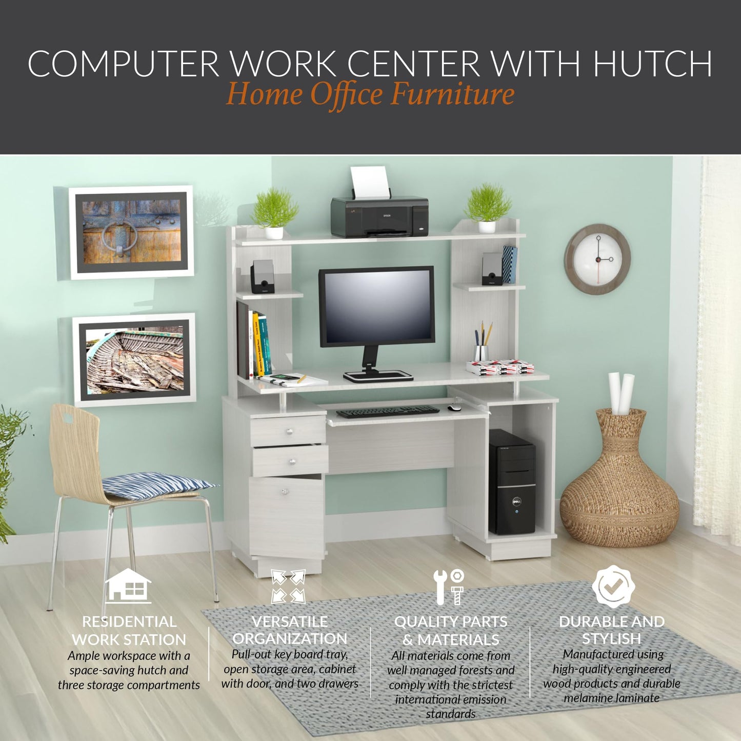 Inval America Computer Work Center with Hutch, Pull-Out Keyboard Tray, Drawers, Desk Workstation, 53.5"H x 48.62"W x 19.5"D, Washed Oak