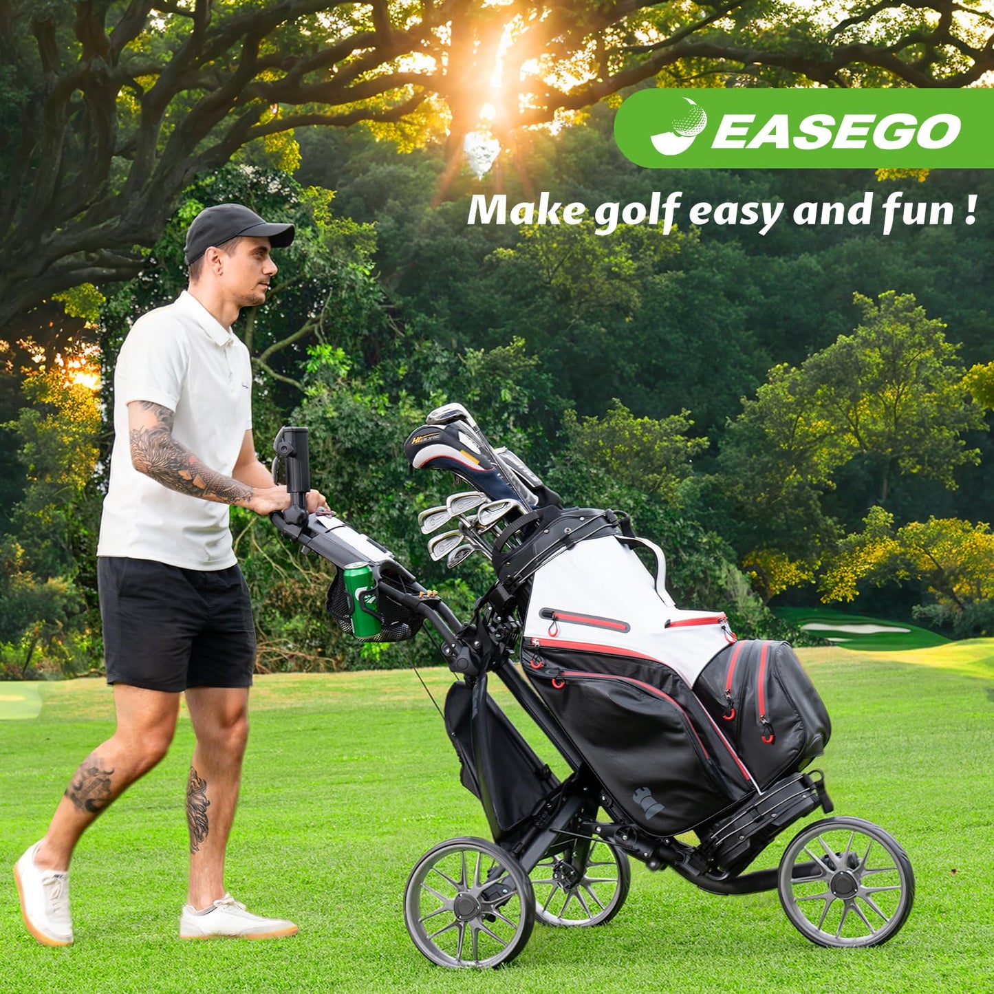 EASEGO Golf Push Cart 3 Wheel : Golf Caddy Pull Cart, One Click Folding Golf Bag Cart Lightweight Compact Golf Trolley with Cooler Bag, Umbrella, Cup & Phone Holder for Different Terrain