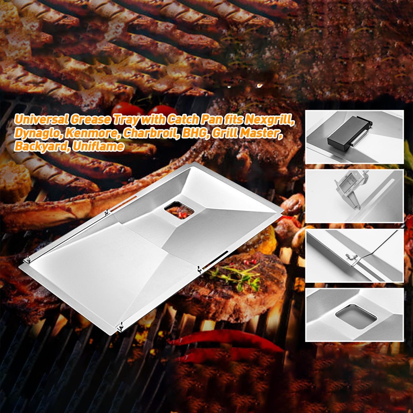 Adjustable Grease Tray with Catch Pan for Nexgrill, Charbroil, Dynaglo, Kenmore & Expert Grill – Fits 3/4/5-Burner Gas Grills, Heavy-Duty Aluminum Drip Pan with Catch Design