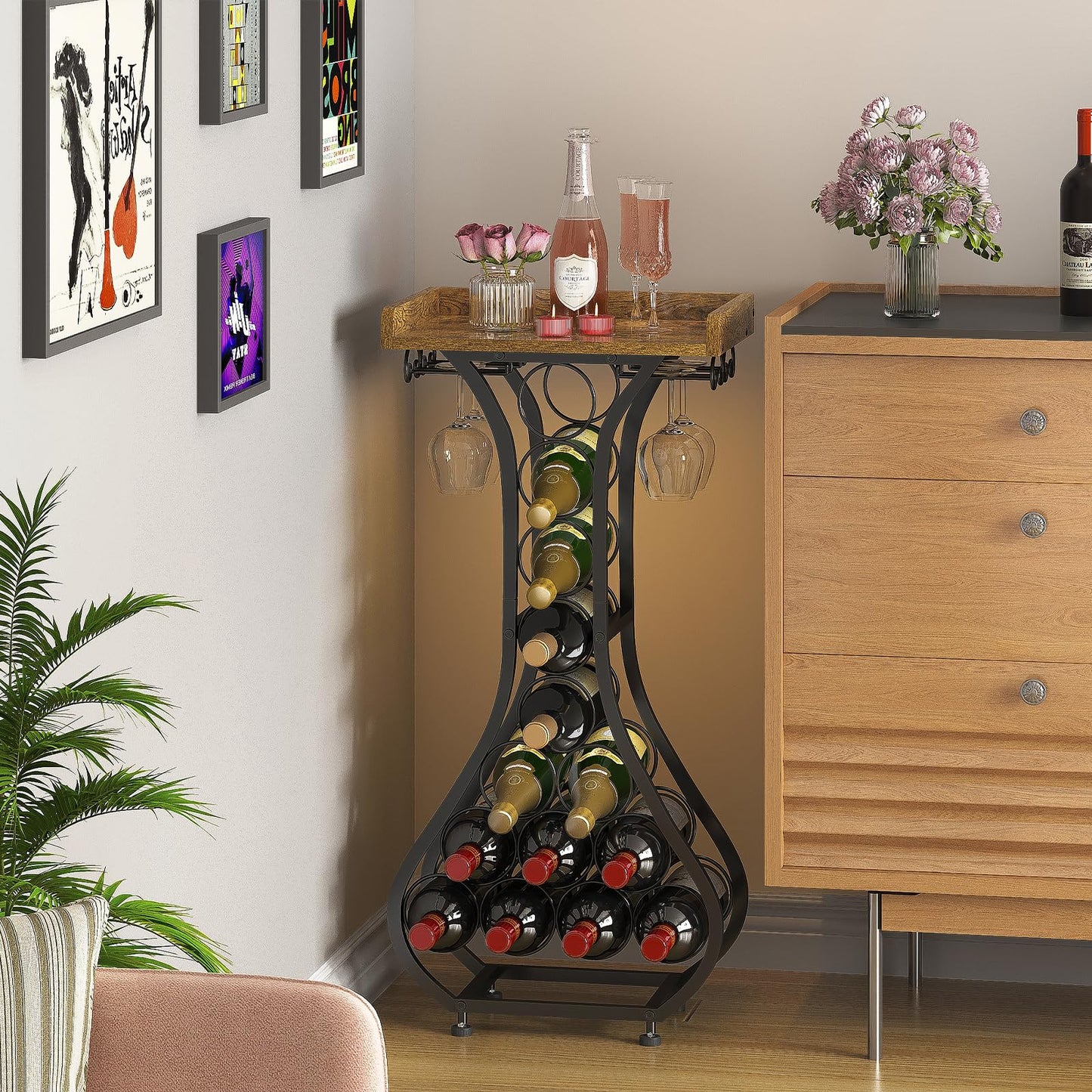 X-cosrack Wine Rack Freestanding Floor, Mini Bar Table Wine Holder Stand Liquor Cabinet with Glass Holder Wood Tabletop 14 Bottles Floor Wine Storage for Home Bar Kitchen Living Room