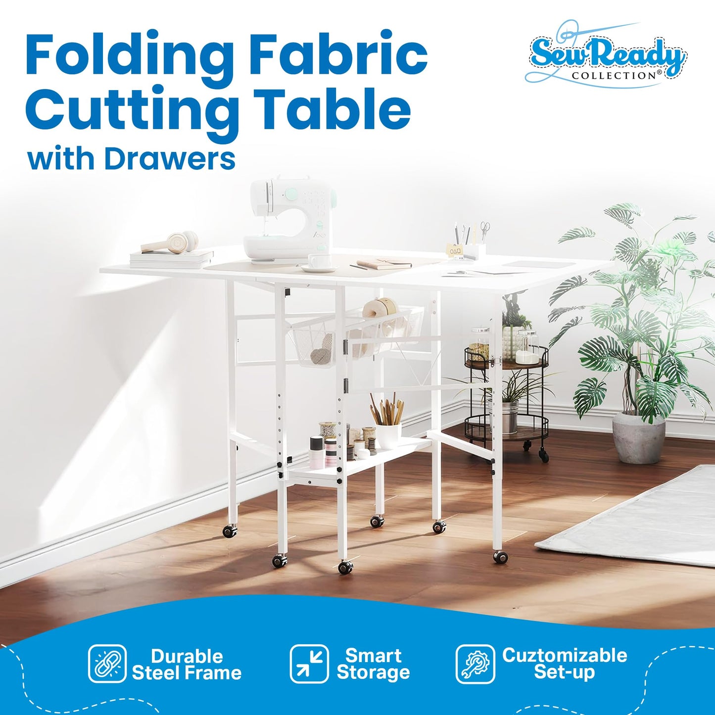 Sew Ready Folding Sewing Craft Table with Storage, Adjustable Height Cutting Desk with Drawers and Wheels for Quilting, Fabric, and Hobby Room, White