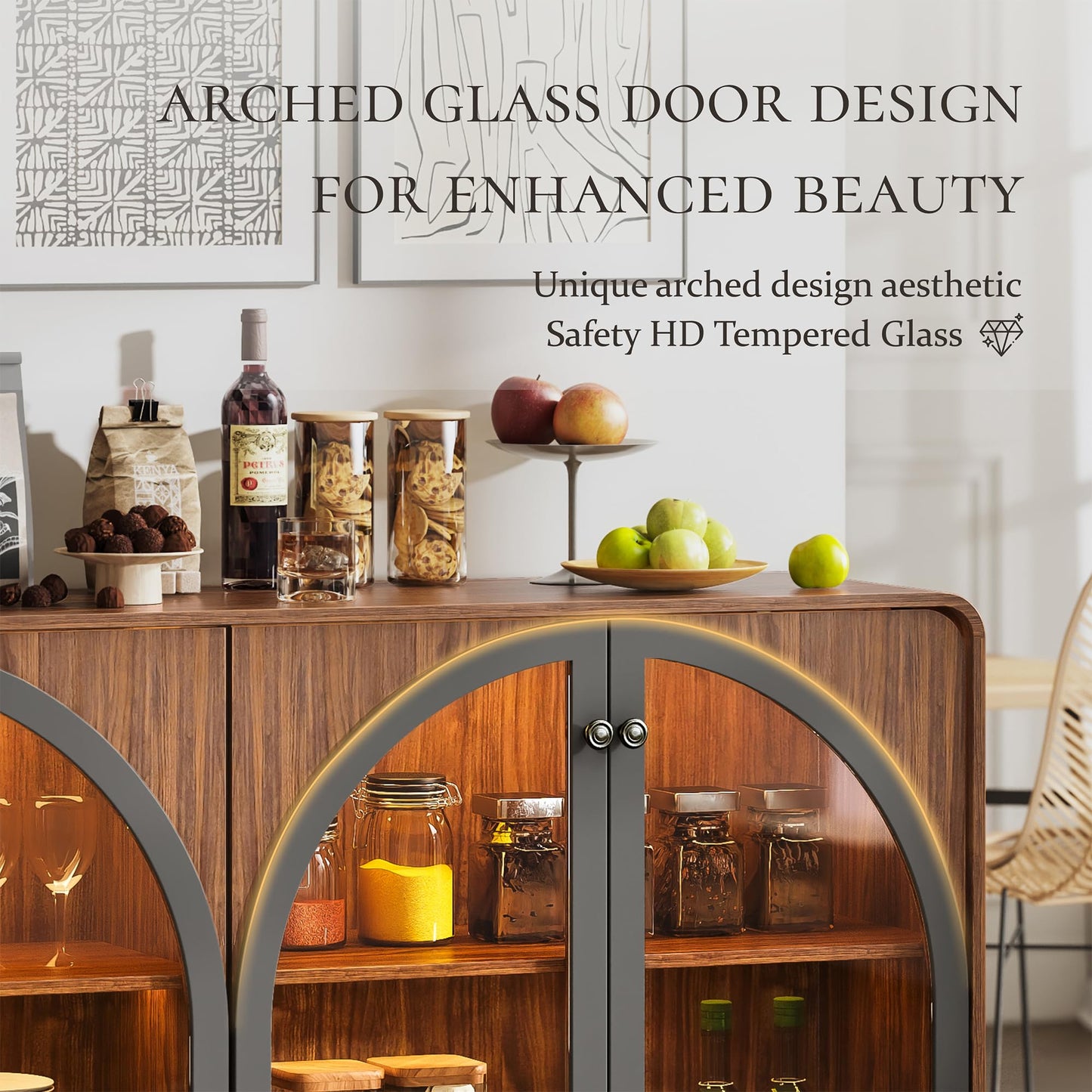 beronbaer Sideboard Buffet Cabinet with Storage, 68" Walnut Credenza Accent Cabinet Buffet Table w/4 Arched Glass Doors & LED Light, Modern Coffee Bar Liquor Cabinet w/2 Shelves for Kitchen Entryway