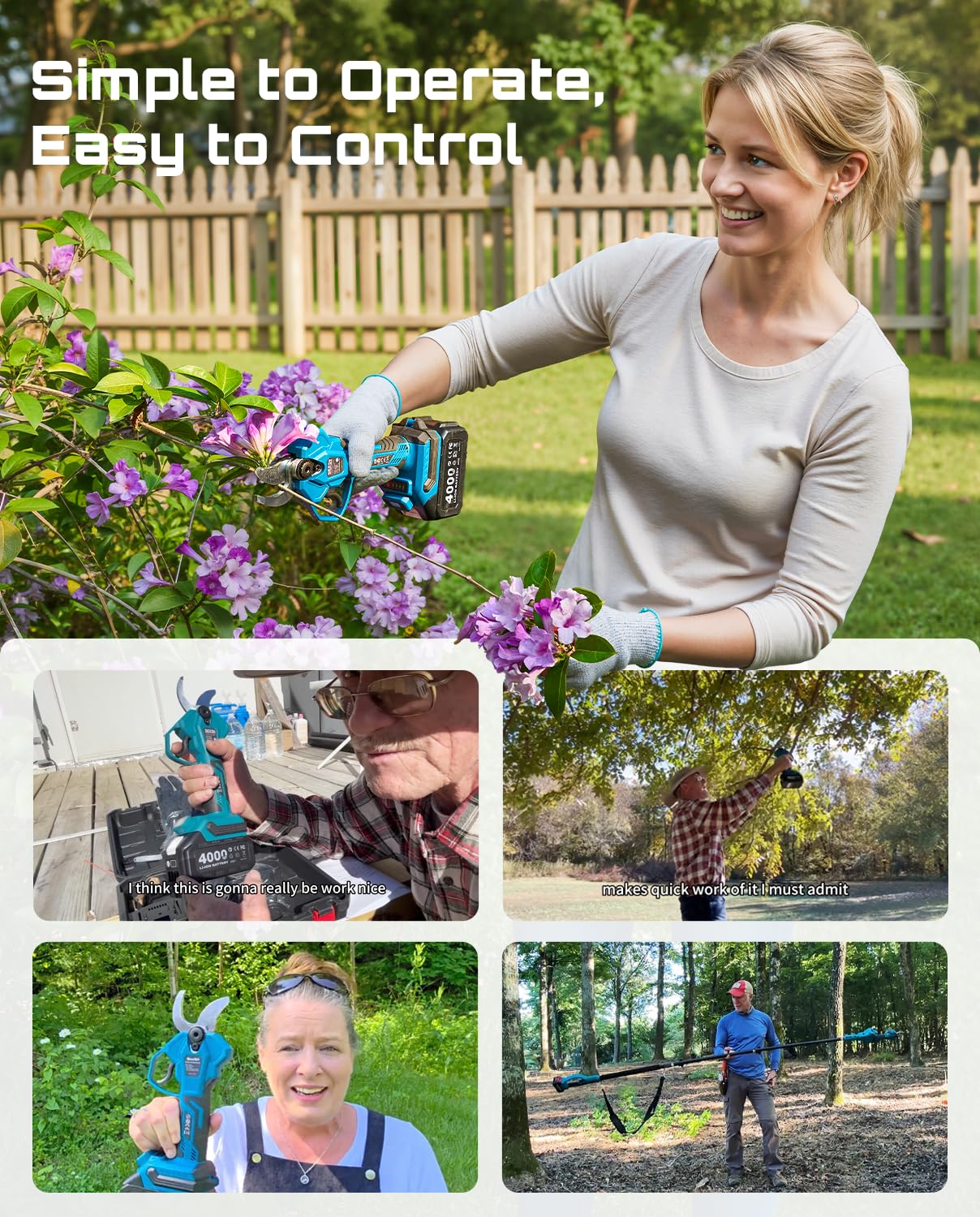 SEESII 2-in-1 Pole Pruning Shears: 1.6" Cutting Diameter Cordless Electric Pole Pruners - Brushless Motor, Dual 4.0Ah Batteries, Extra SK5 Blade, 4 Modes Adjustable Branches Cutter for Tree & Flower