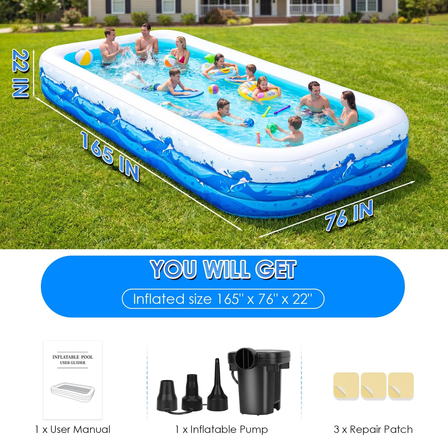Extra Large Inflatable Pool for Adults, 165"x76"x22" Full-Sized Blow Up Pool with 0.6mm PVC & Cute Animal Print, Big Family Swimming Pool for Backyard Outdoor Summer Water Party