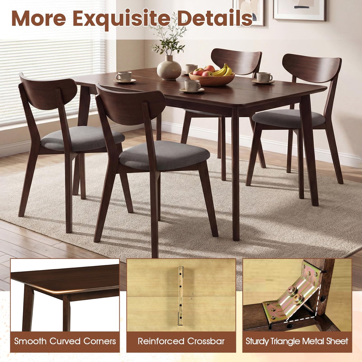 Giantex Dining Table for 4, 47" Rectangular Wooden Kitchen Table with Solid Rubber Wood Legs, Mid Century Modern Dinner Table for Dinette, Living Room, Home Office (Walnut)
