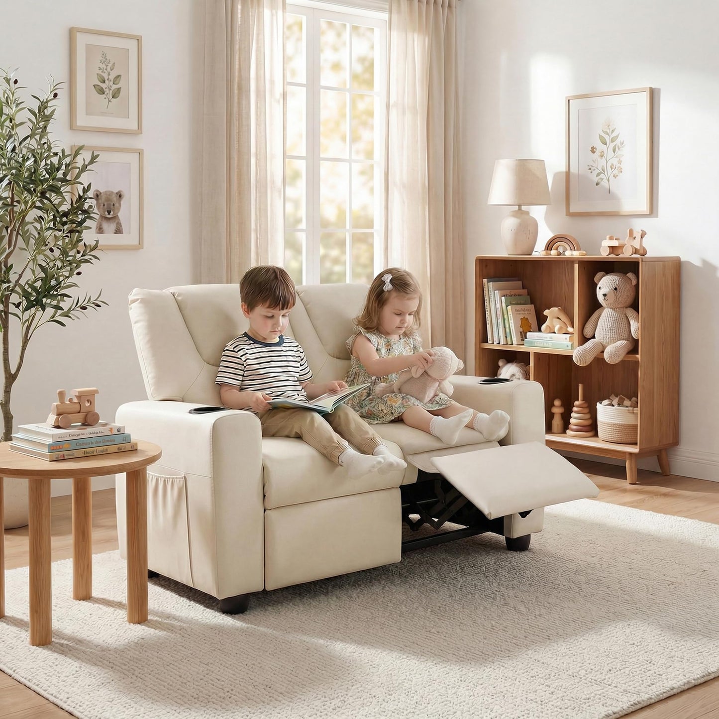 HONEY JOY 2-Seater Kids Recliner, Double Toddler Loveseat Sofa w/2 Cup Holders, 2 Side Pockets, Adjustable Backrest & Footrest, PU Leather Children Couch for Boys Girls Age 3+ (Beige)