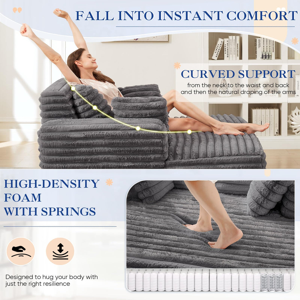 60.75" Oversized Chaise Lounge Indoor, Modern Plush Faux Fur Fabric Deep Seat Boneless Memory Foam Sleeper Chaise Lounge Sofa Chair with Pillows for Living Room Bedroom Studio, No Assembly Couch, Grey