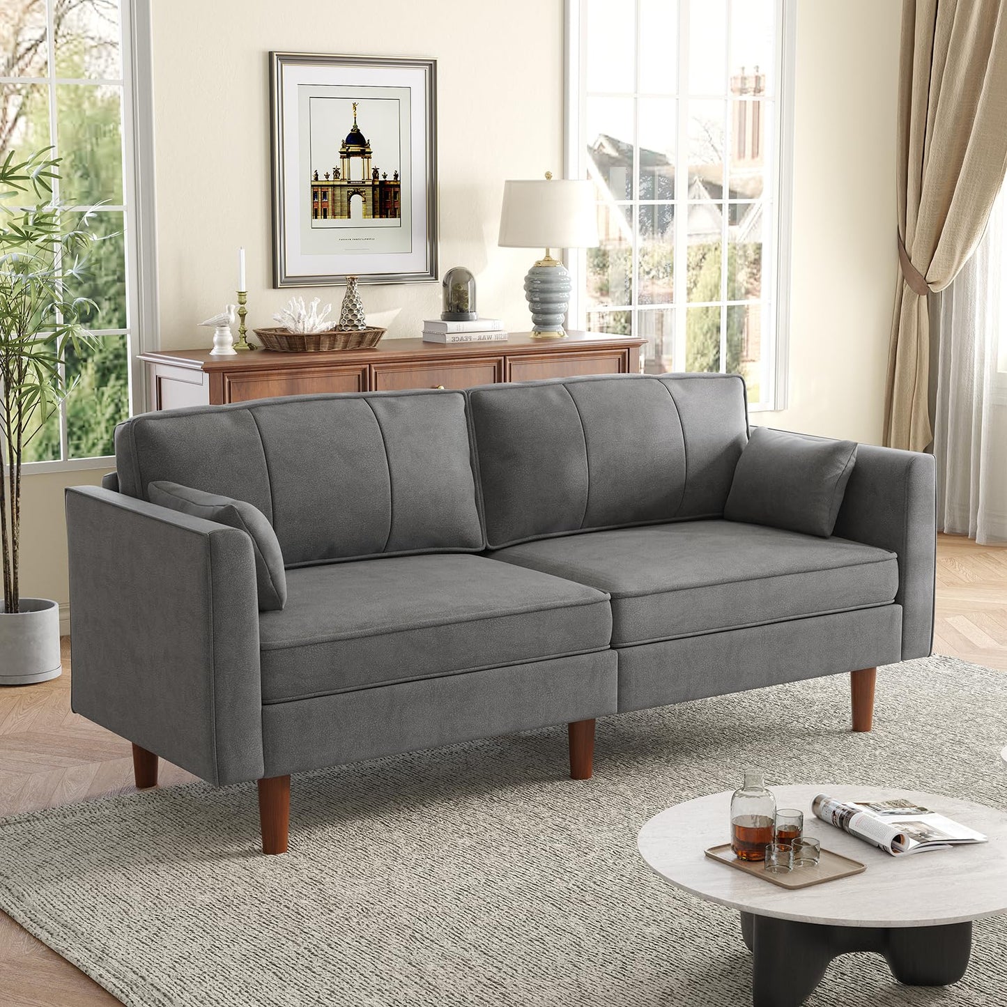 ONBRILL 71" Futon Sofa Bed,Convertible Sleeper Couch with Adjustable Backrest, Folding Loveseat for Apartment, Living Room, Office, Faux Leather,Grey