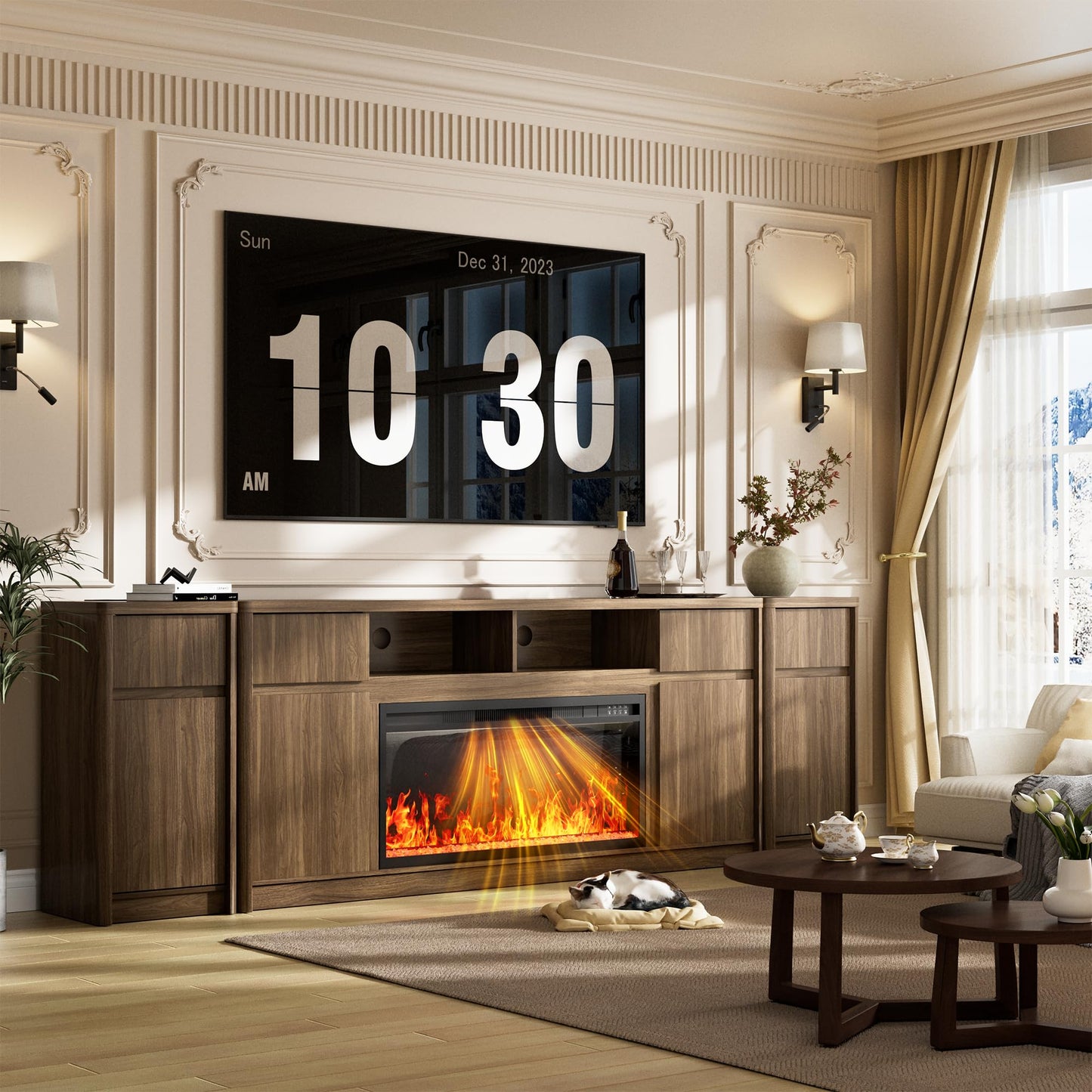 100”Fireplace TV Stand w/Drawer,Fluted Entertainment Center,36" Fireplace w/LED Flame,Fits TVs Up to 100",Modern Media Console with Storage Cabinet & Adjustable Shelves,Living Room,Walnut