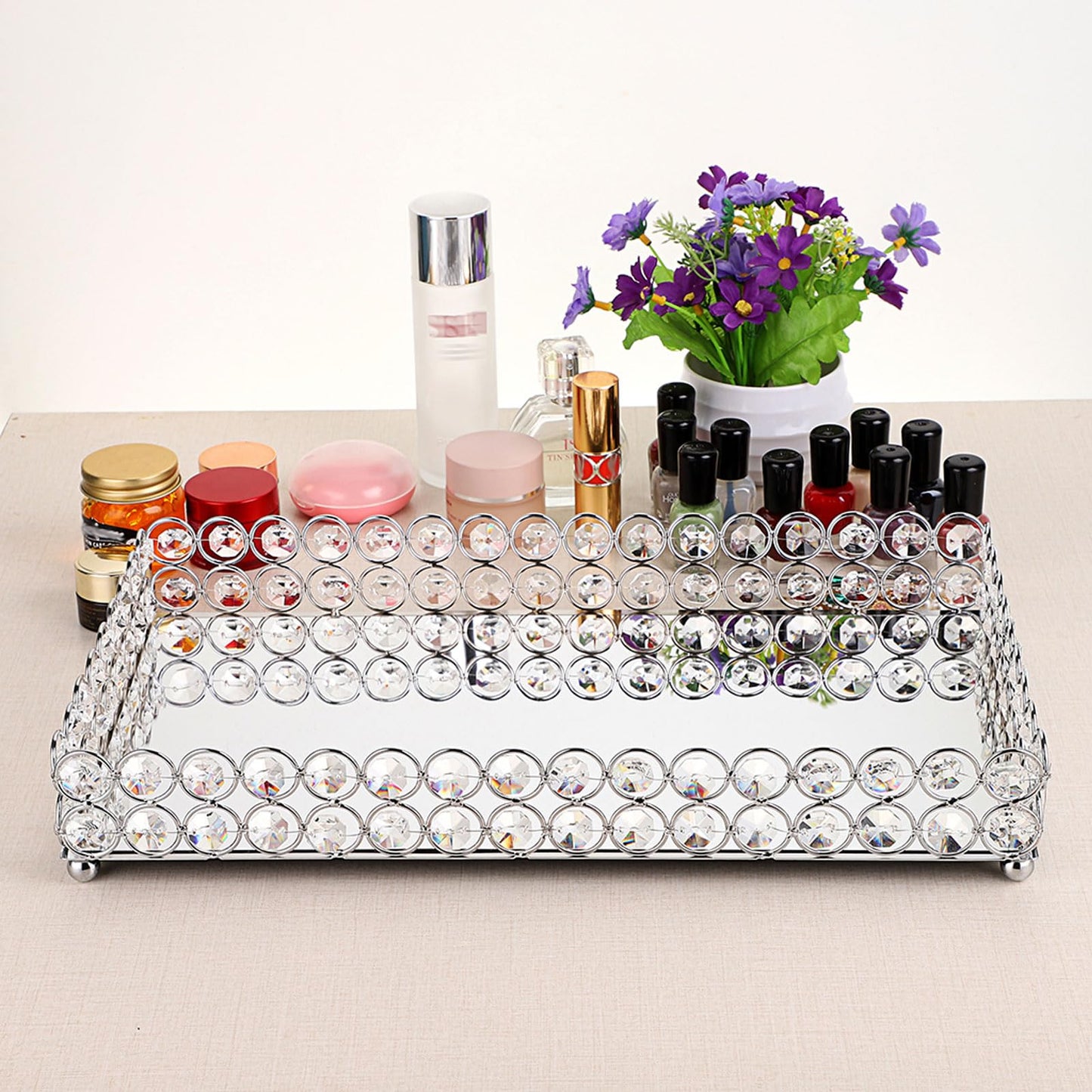 Hipiwe Crystal Cosmetic Vanity Tray, Mirrored Decorative Jewelry Organizer Tray for Perfume, Trinket, Makeup Display Dresser Home Decor (Large, Silver)