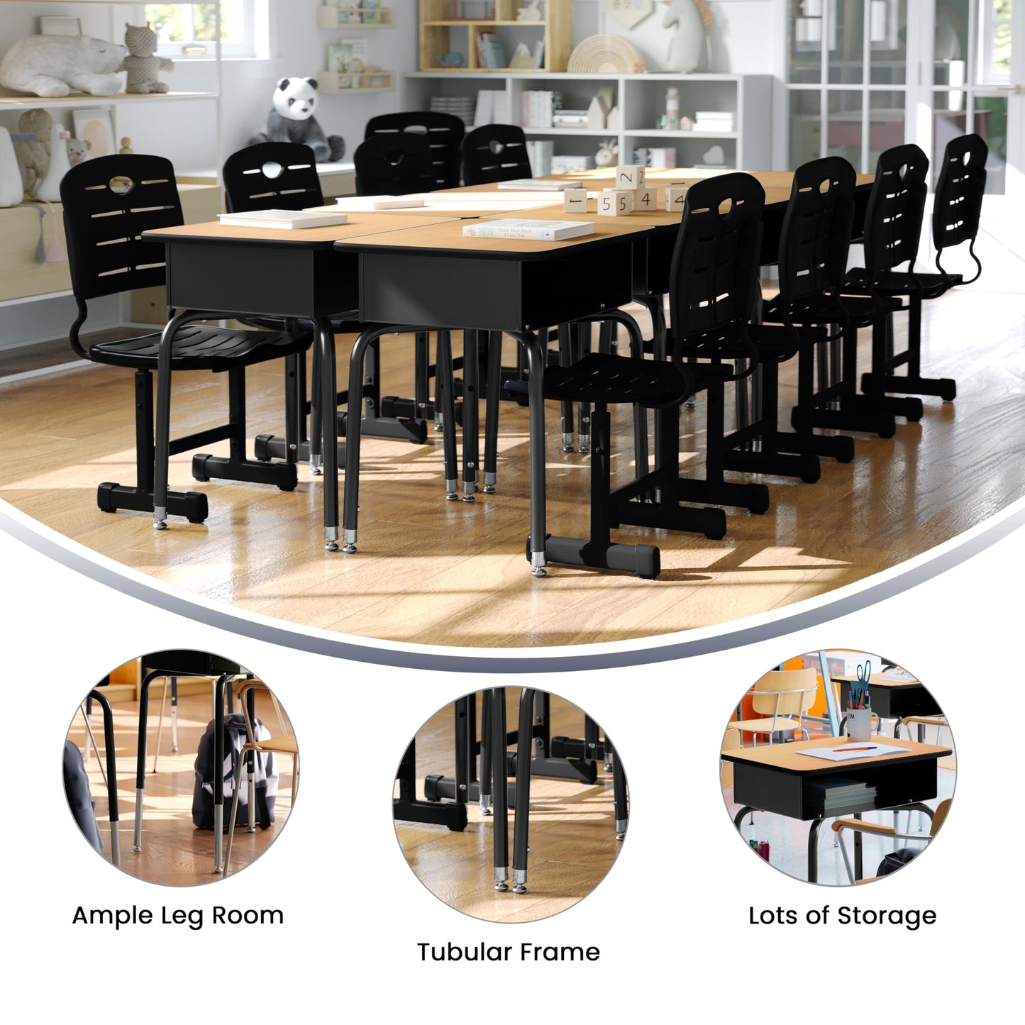Flash Furniture Billie Open Front Student Desk for Classrooms or Remote Learning, Height Adjustable School Desk with Metal Book Box, Natural/Black