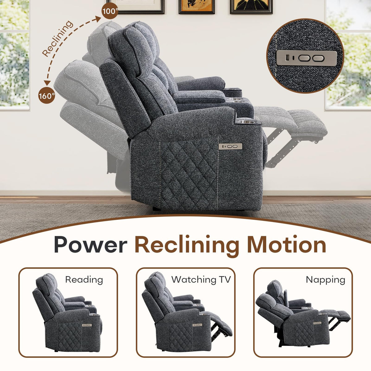HAOMARKETS 3-Piece Power Recliner Sofa Set with Charging Port, Include Single Recliner Chair, 2-Seater Loveseat Reclining Couch and 3-Seater Reclining Sofa with Cup Holders for Living Room, Dark Grey