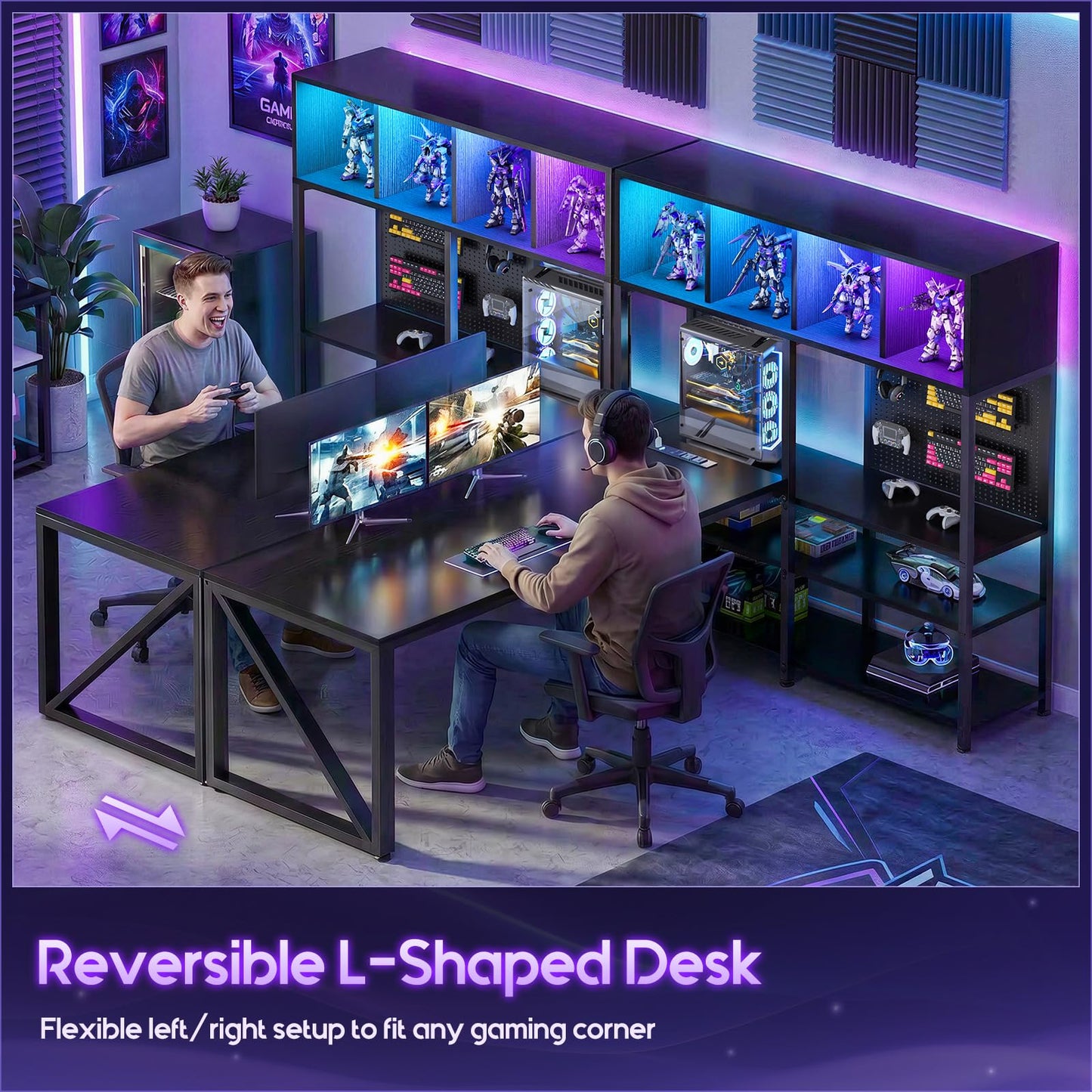 AODK 63" L Shaped Gaming Desk with Display Hutch and Large Desktop, Black