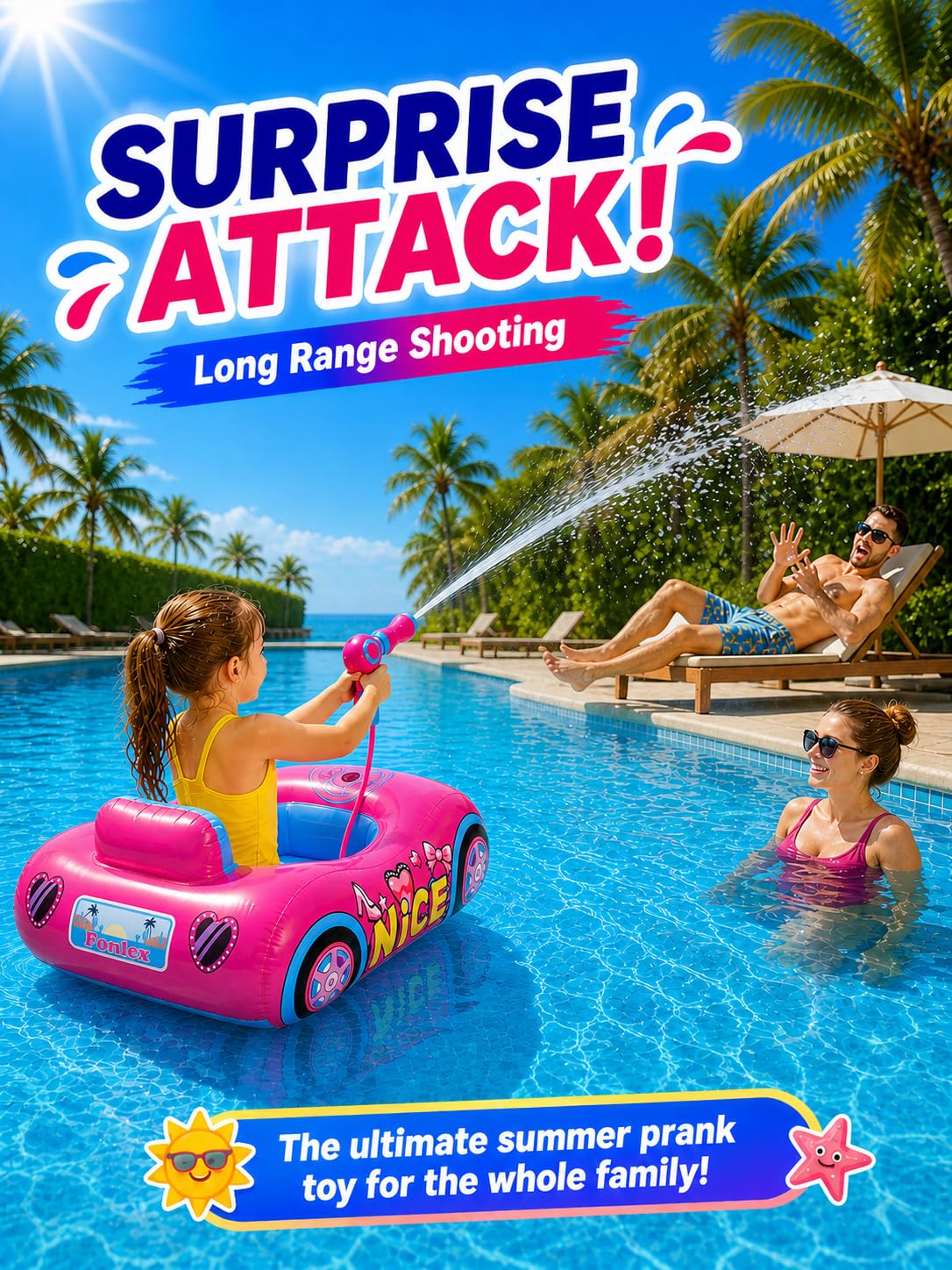 Kids Pool Float with Water Gun, 3-Layer Safety Seat Inflatable Toddler Float for Girls Ages 3-8, Pink Summer Swimming Pool Toys for Kids, Pool Party Beach Vacation Water Toy. Repair Patches Included
