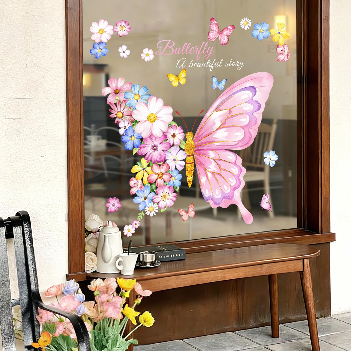 Supzone Pink Flower Butterfly Window Clings Valentine's Day Spring Window Decals Anti-Collision Glass Doors Mirror Static Stickers for Girls Room Home Store Party Decorations