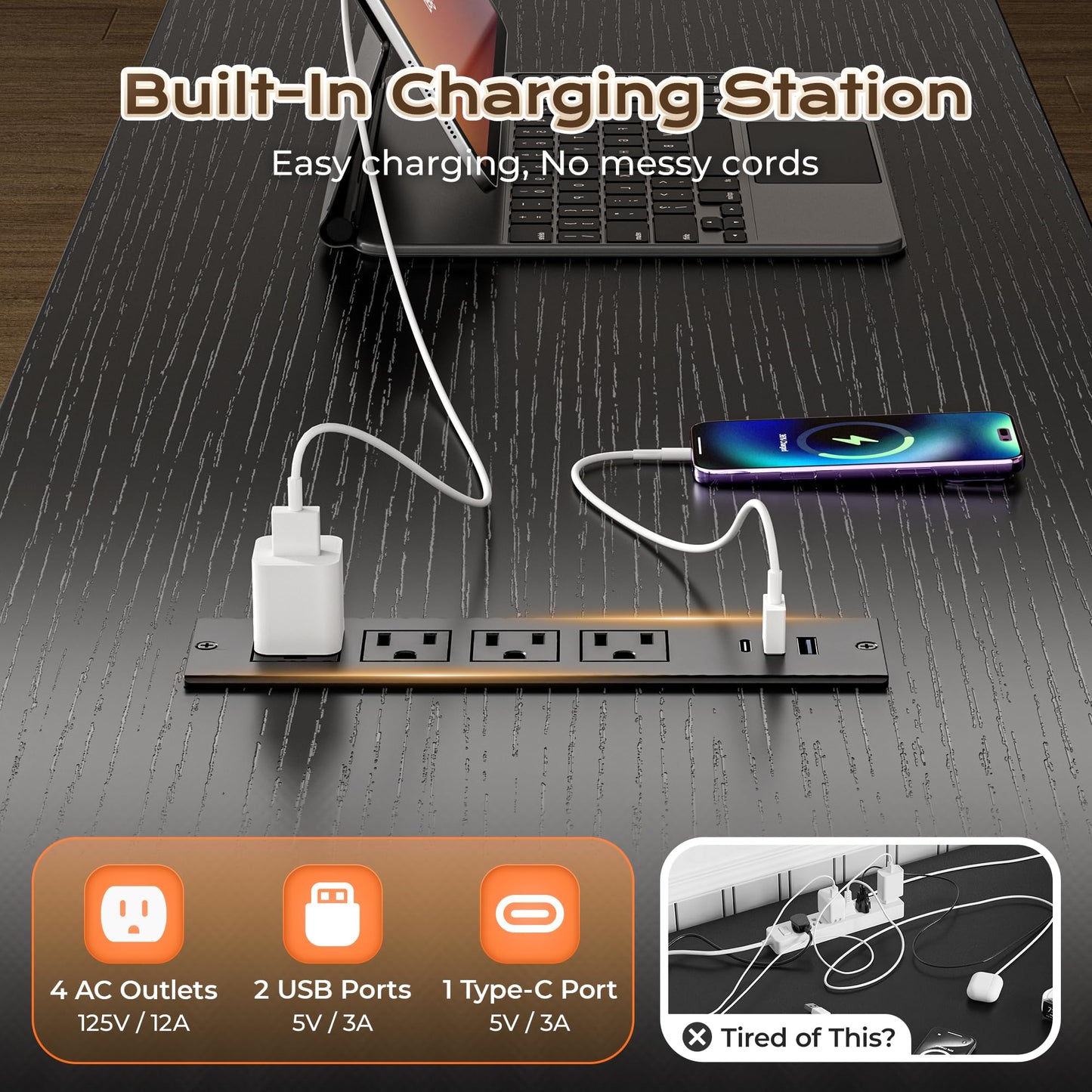 PRAISUN 57.5" Reversible L-Shaped Desk with LED Lights & Power Station